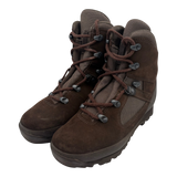 Pair of brown Haix Desert suede combat high liability boots, front three-quarter view, showing suede toe, fabric panels, lace hooks, and rugged sole on white background.