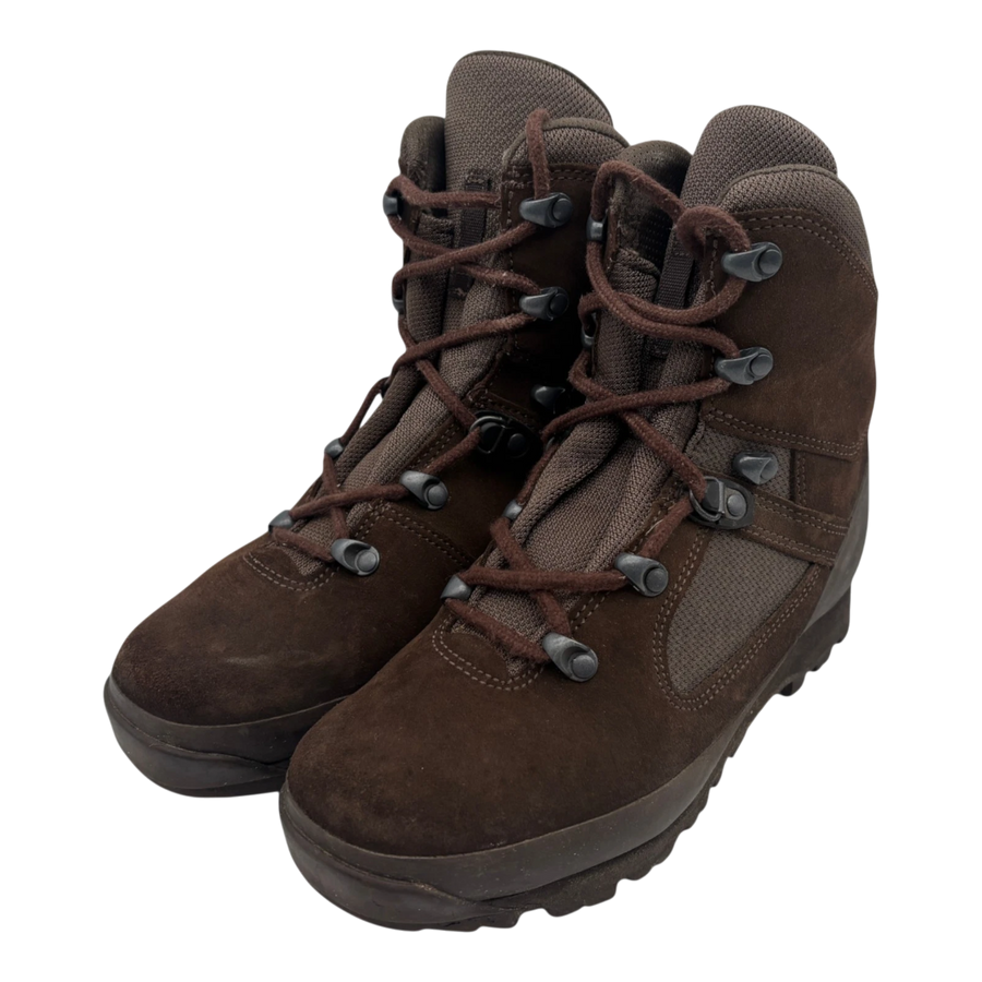 Pair of brown Haix Desert suede combat high liability boots, front three-quarter view, showing suede toe, fabric panels, lace hooks, and rugged sole on white background.