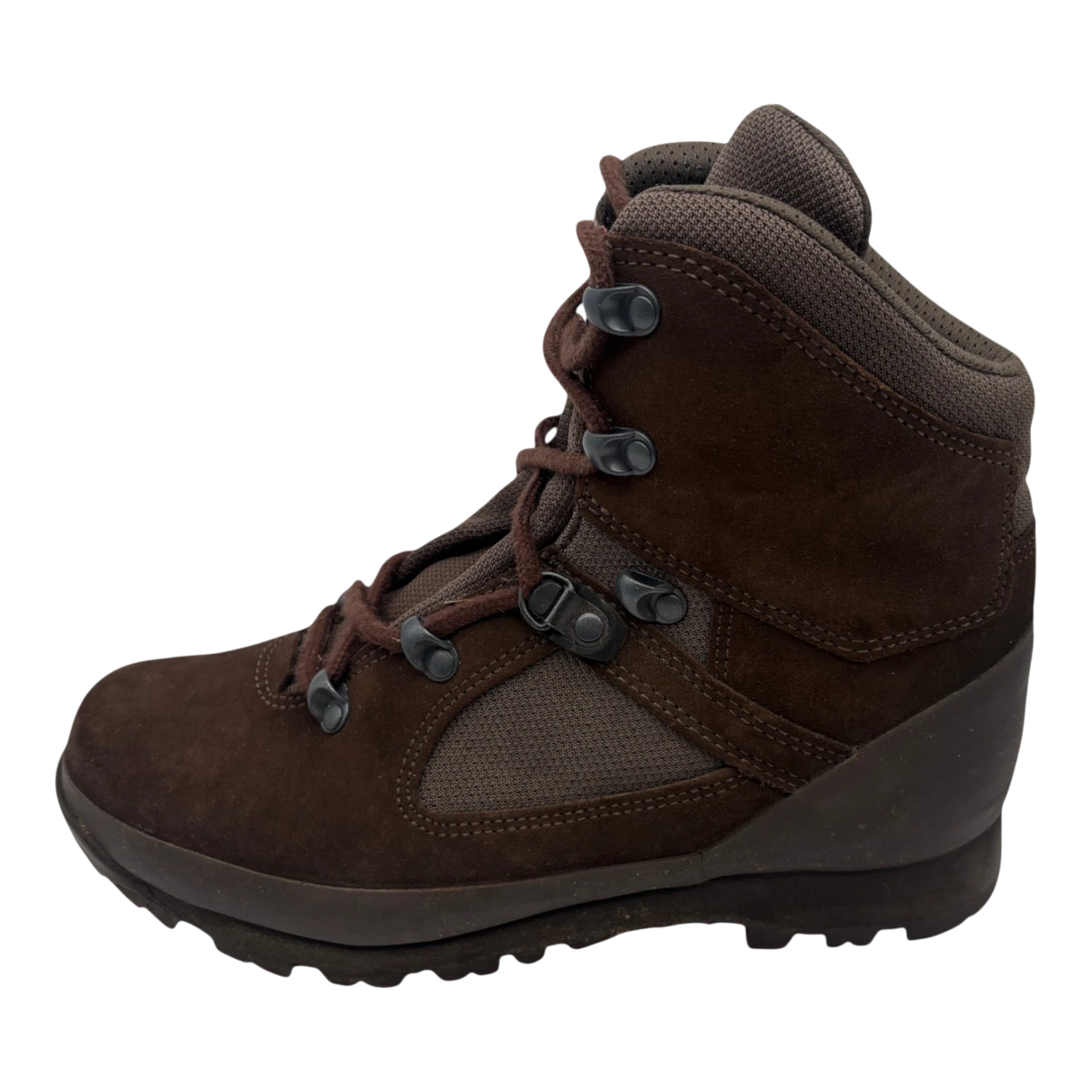 Brown Haix Desert suede combat high liability boot, left side profile, showing suede and fabric upper, speed-lace hooks, and Defender tread sole.
