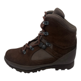 Brown Haix Desert suede combat high liability boot, left side profile, showing suede and fabric upper, speed-lace hooks, and Defender tread sole.