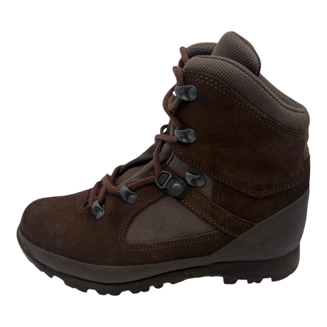 Brown Haix Desert suede combat high liability boot, left side profile, showing suede and fabric upper, speed-lace hooks, and Defender tread sole.