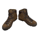 Pair of Iturri brown suede military boots, front view showing suede upper and metal lacing hardware