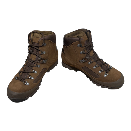 Pair of Iturri brown suede military boots, front view showing suede upper and metal lacing hardware