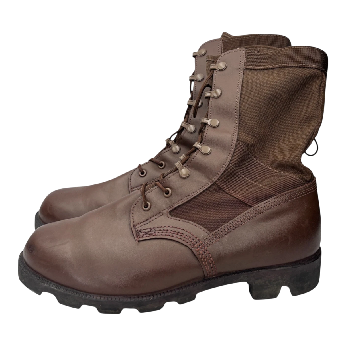 Side profile of British Army Wellco brown combat boots featuring full-grain leather lower, Cordura nylon upper, reinforced stitching, and heavy-duty treaded outsole.