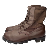 Side profile of British Army Wellco brown combat boots featuring full-grain leather lower, Cordura nylon upper, reinforced stitching, and heavy-duty treaded outsole.