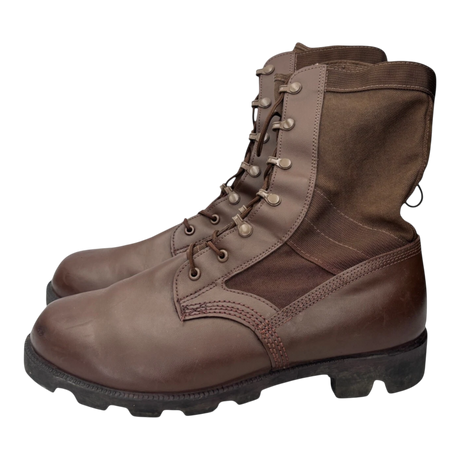 Side profile of British Army Wellco brown combat boots featuring full-grain leather lower, Cordura nylon upper, reinforced stitching, and heavy-duty treaded outsole.