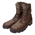 British Army Wellco brown leather combat boots with Cordura nylon uppers, showing front and angled profile. Durable military patrol boots with speed lace eyelets and rugged rubber soles.
