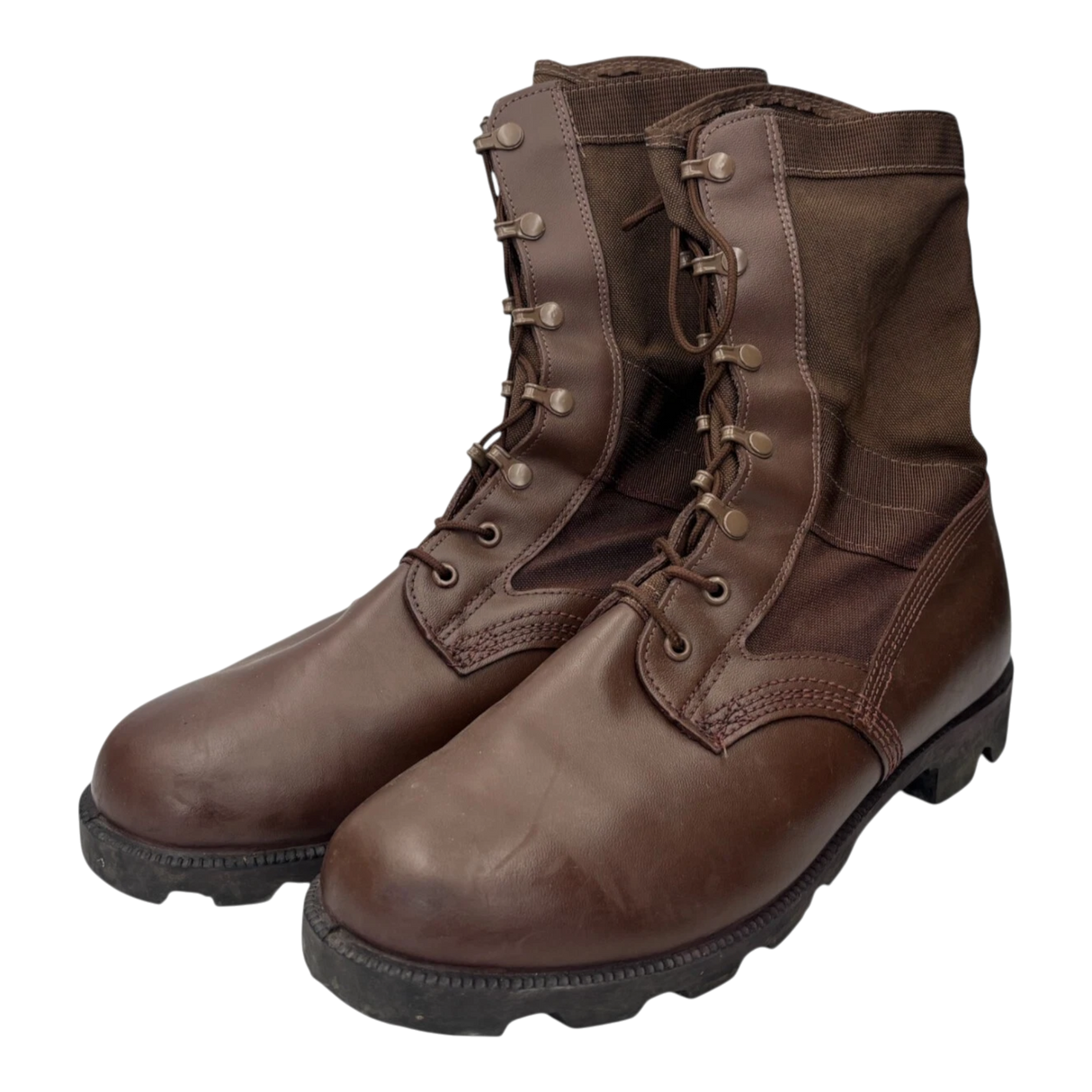 British Army Wellco brown leather combat boots with Cordura nylon uppers, showing front and angled profile. Durable military patrol boots with speed lace eyelets and rugged rubber soles.