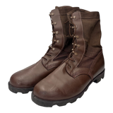 British Army Wellco brown leather combat boots with Cordura nylon uppers, showing front and angled profile. Durable military patrol boots with speed lace eyelets and rugged rubber soles.