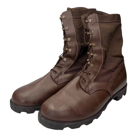 British Army Wellco brown leather combat boots with Cordura nylon uppers, showing front and angled profile. Durable military patrol boots with speed lace eyelets and rugged rubber soles.