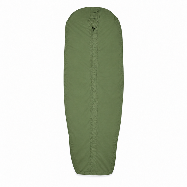 British Army olive sleeping bag liner front view on white