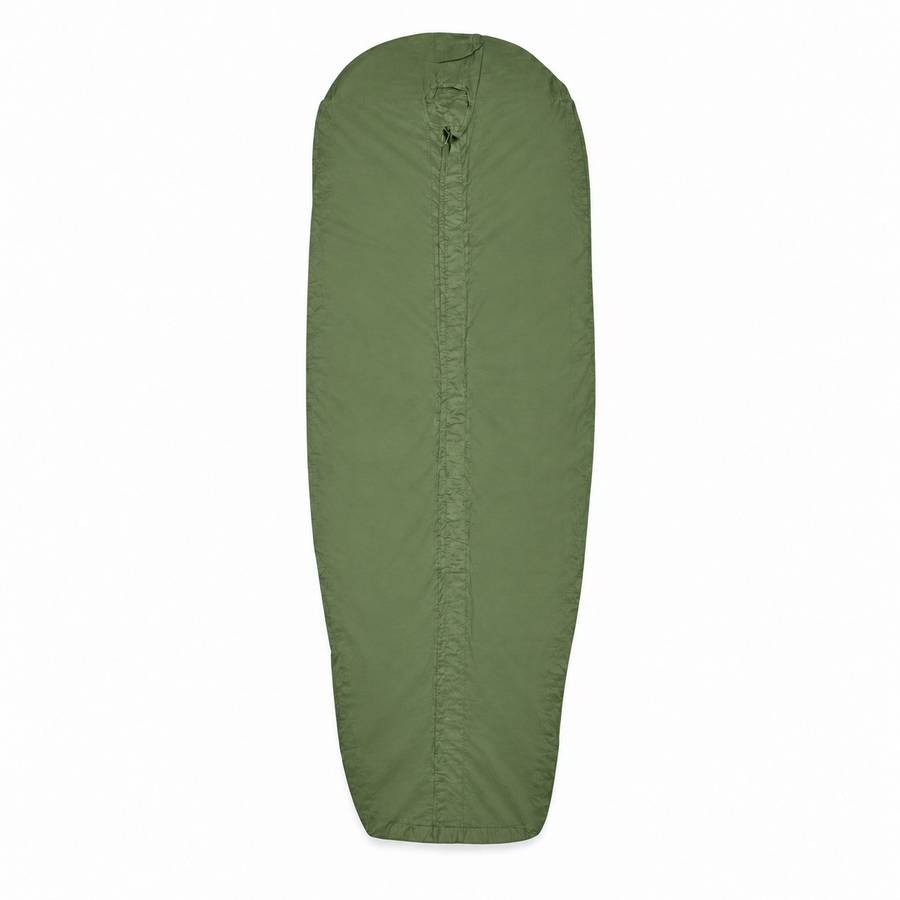 British Army olive sleeping bag liner front view on white