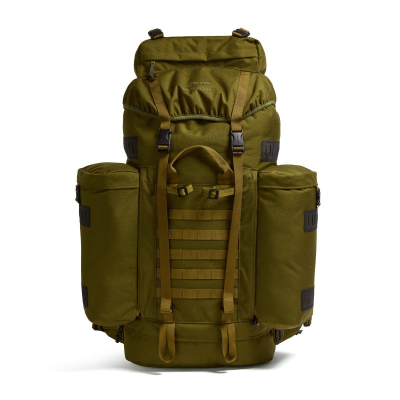 Front view of the Berghaus Vulcan V MMPS rucksack in olive green cedar showing detachable side pockets, MOLLE webbing, and top lid closure.