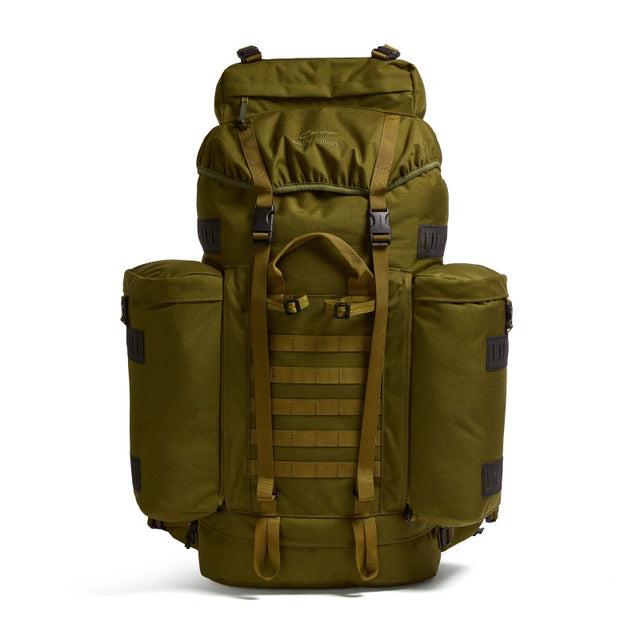 Front view of the Berghaus Vulcan V MMPS rucksack in olive green cedar showing detachable side pockets, MOLLE webbing, and top lid closure.