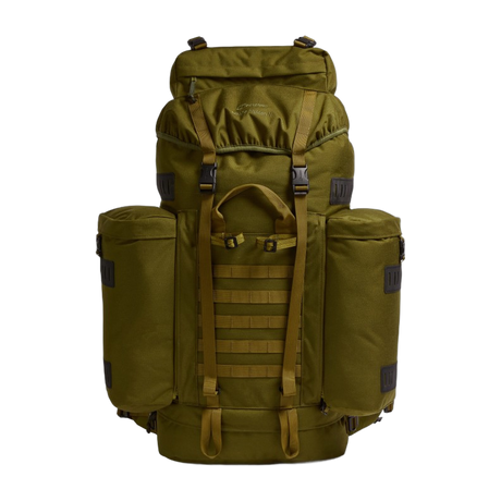Front view of the Berghaus Vulcan V MMPS rucksack in olive green cedar showing detachable side pockets, MOLLE webbing, and top lid closure.