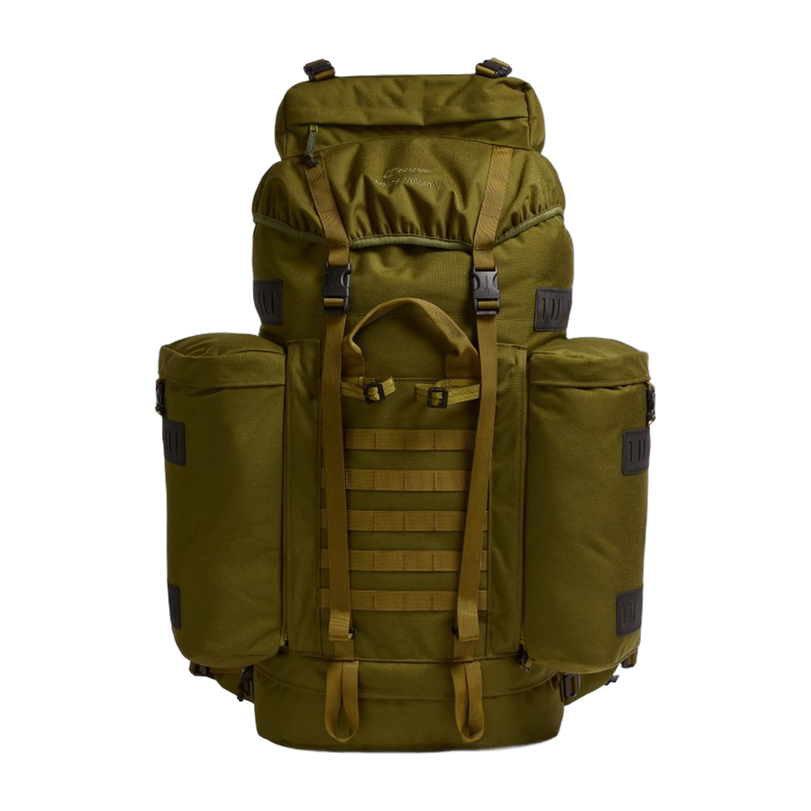 Front view of the Berghaus Vulcan V MMPS rucksack in olive green cedar showing detachable side pockets, MOLLE webbing, and top lid closure.