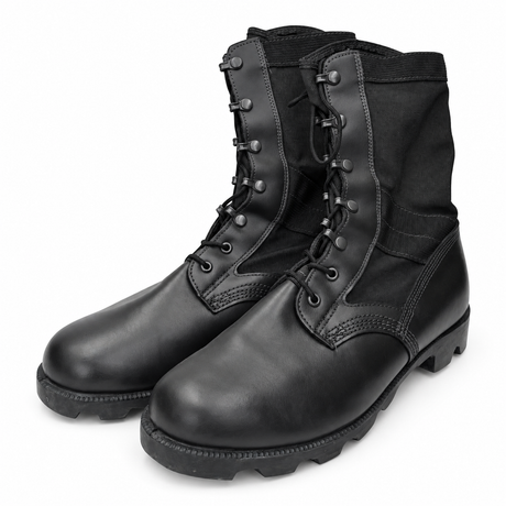 Wellco black leather and textile jungle combat boots, front three-quarter view