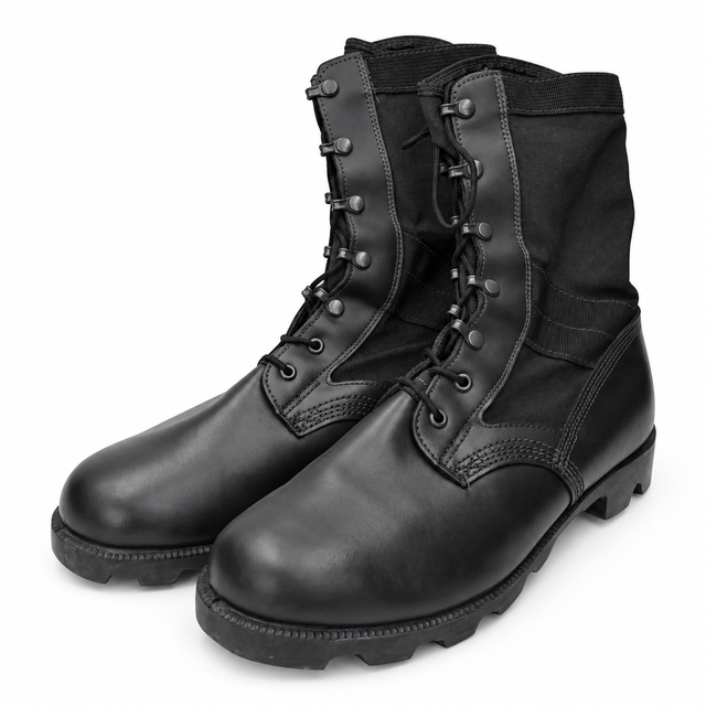 Wellco black leather and textile jungle combat boots, front three-quarter view