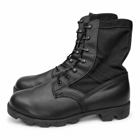 Wellco black jungle combat boots, side view showing leather and textile construction